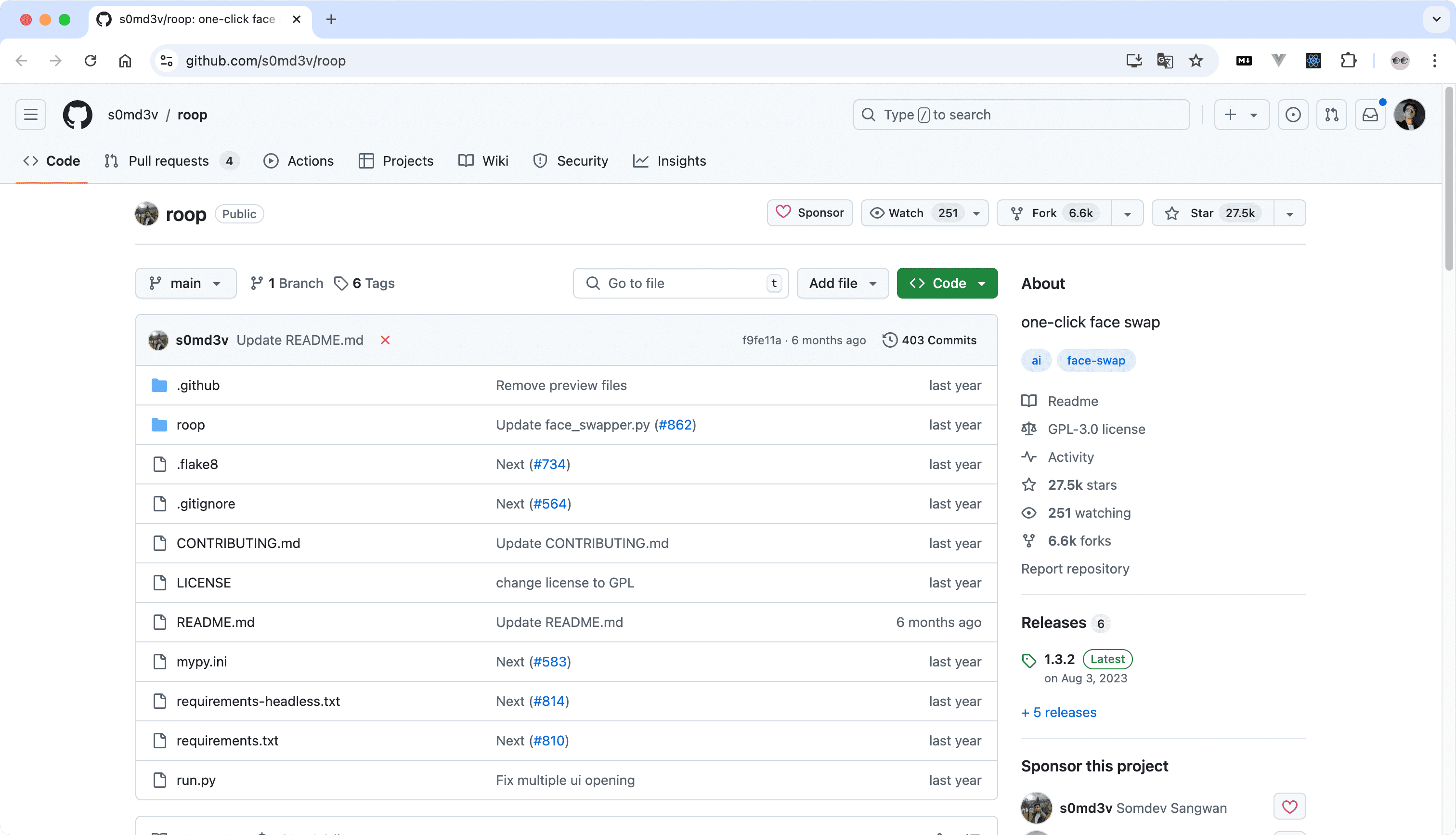 Github 开源换脸项目 Roop